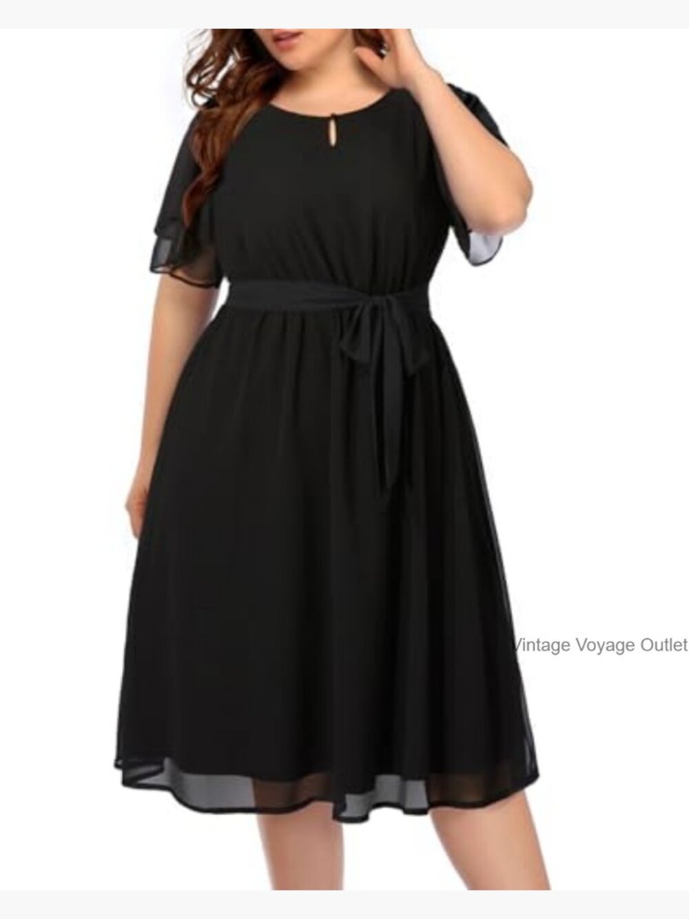 Plus Size Chiffon Cocktail Dresses - Keyhole Neck Midi Work Occasion - Picture 5 of 7